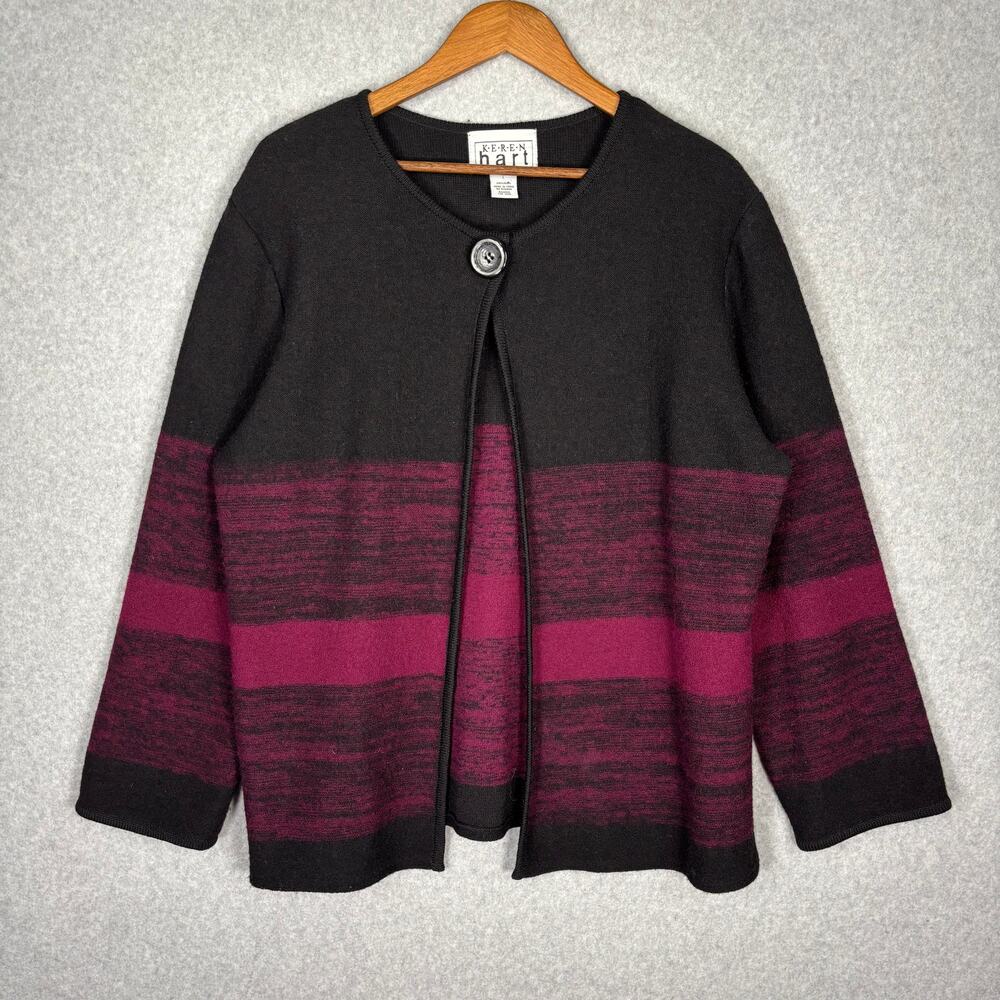 Keren Hart Cardigan Sweater Women Large Pink Black Wool Open Button Stripe Thick